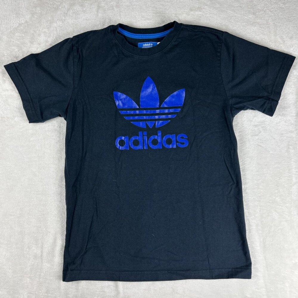 Adidas Vintage T-Shirt Black With Blue Logo Print Short Sleeve Medium Canada